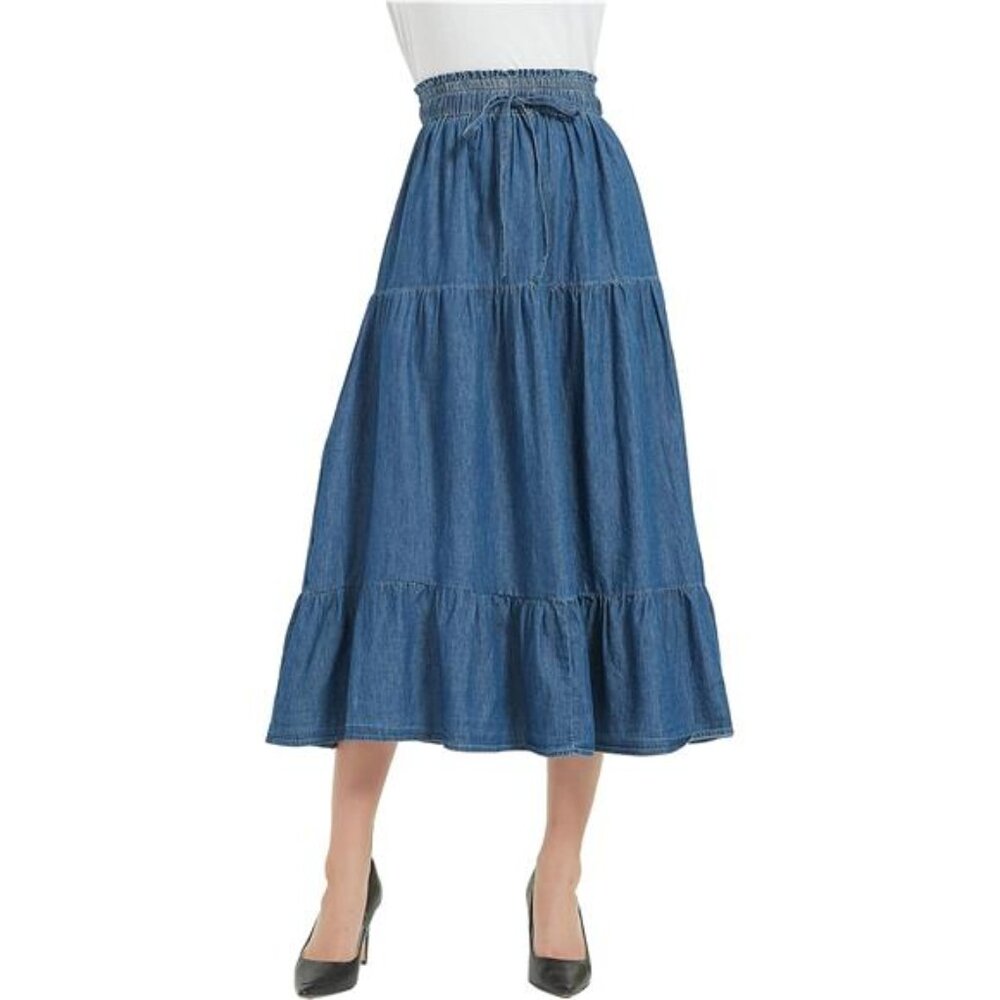 Womens A Line Long Midi Denim Skirt Tired Pleated Layers Elastic Waist